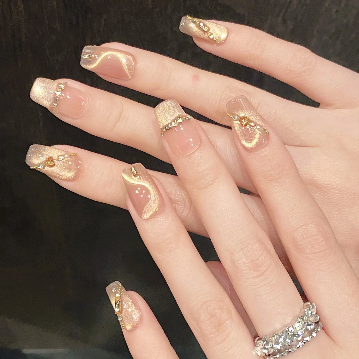 10pcs Handmade Press on Nails Gold Diamond Decor Nude Cat Eye Fake Nails Glitter Lady Wearable Reusable False Nail Tips Peaceful Pleasures Health and Wellness M 1