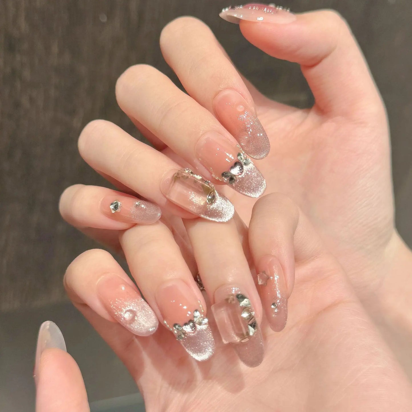 Pink Rhinestone Press On Nails – French Cat Eye 10pcs Set