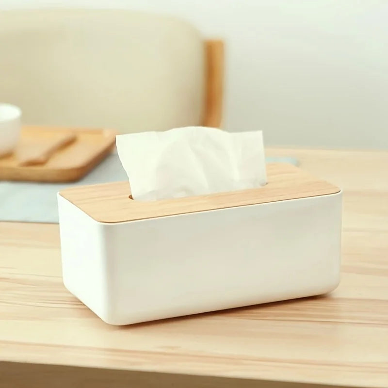 Minimalist Tissue Box Cover – Wooden Top Dustproof PP Organizer