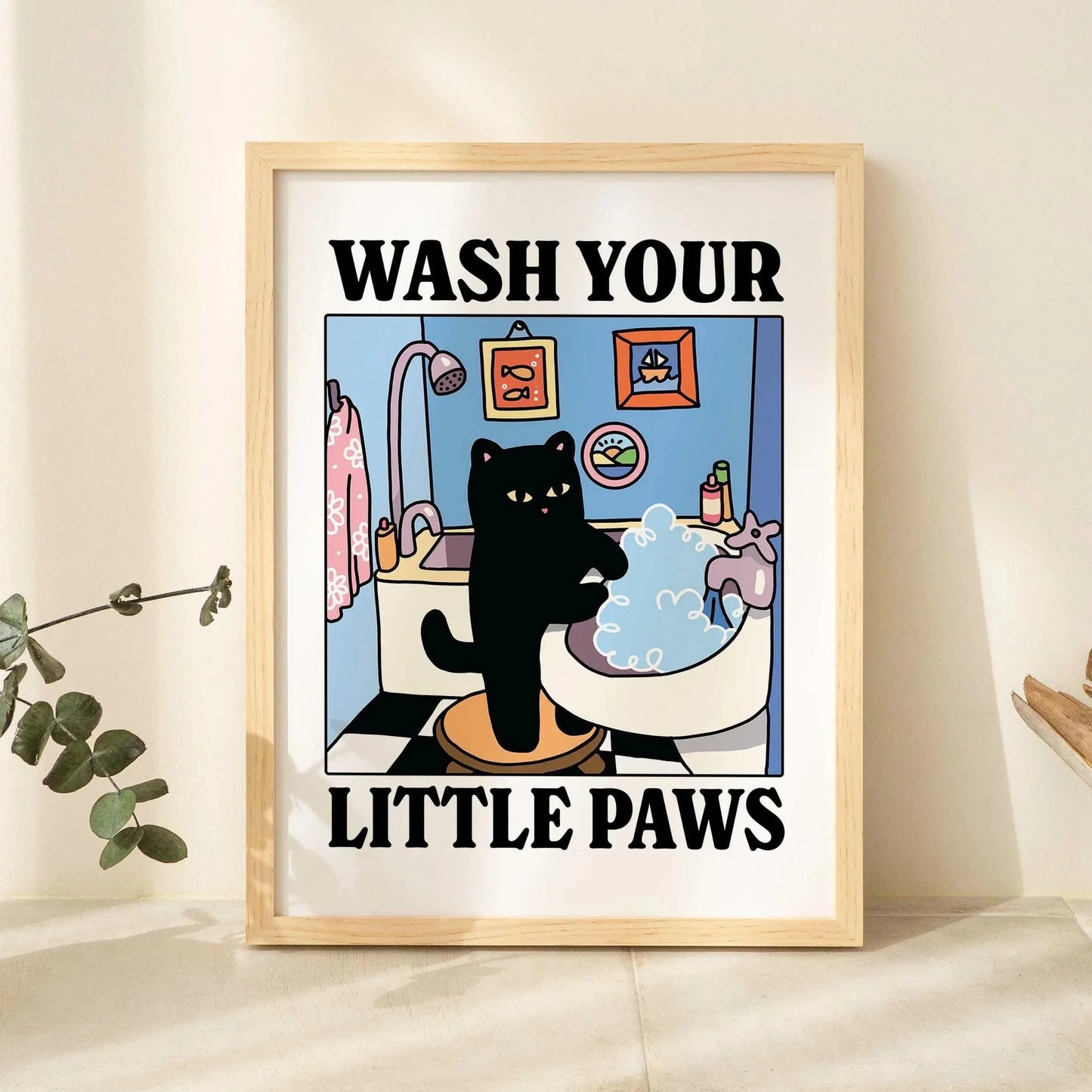 Kawaii Wash Paws Cat Canvas Print | Bathroom & Nursery Wall Art