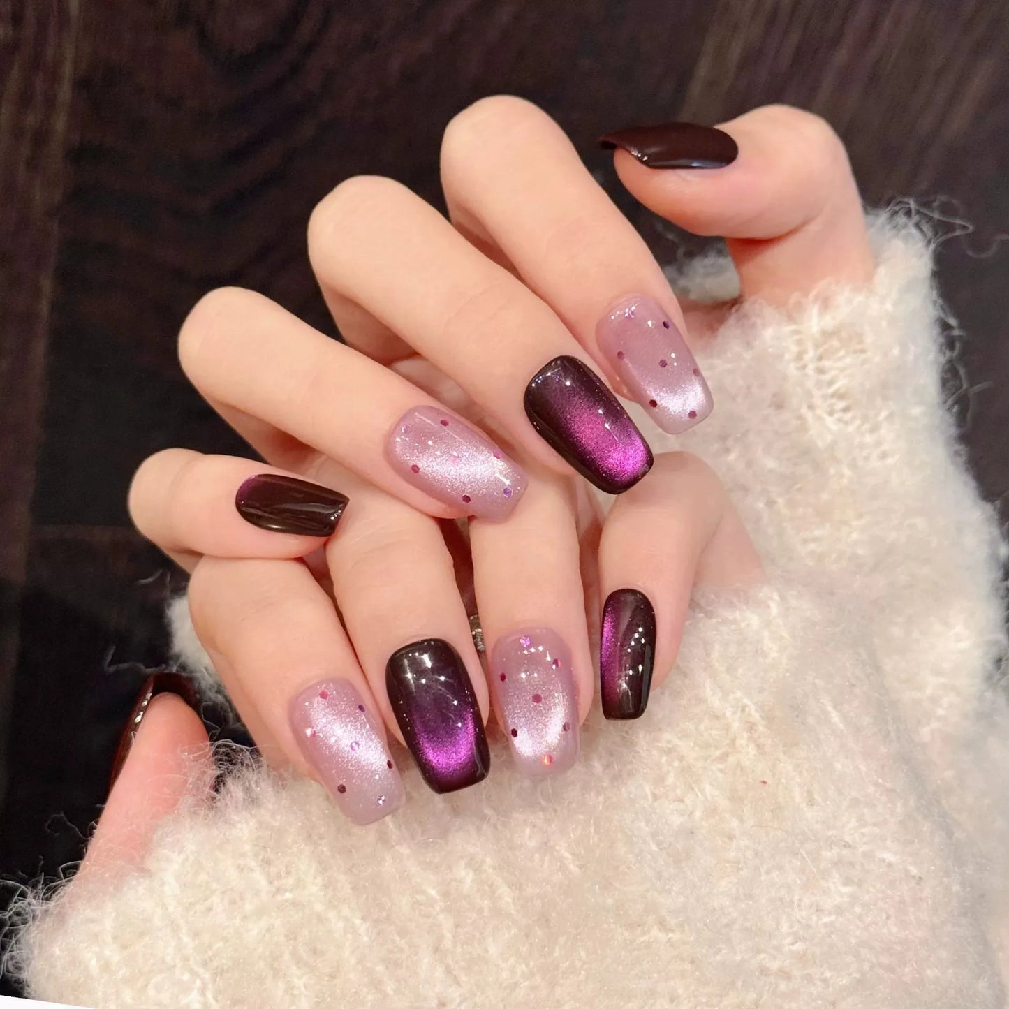 10pcs Handmade Elegant Purple Cat's Eye False Nails Press On Nails Light Luxury Ballet Fake Nails Wave Dot Designs Manicure Art Peaceful Pleasures Health and Wellness M 1