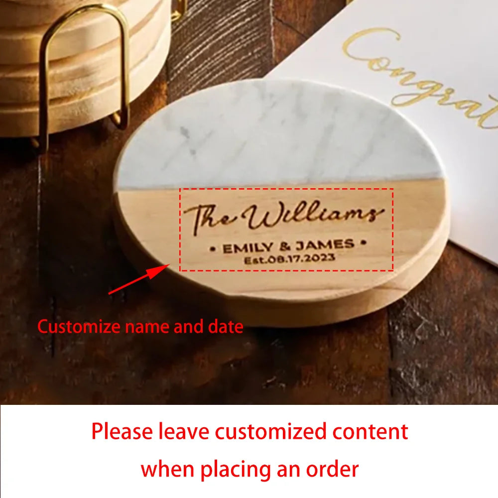 Personalized Marble & Wood Wedding Coasters | Gift for Her