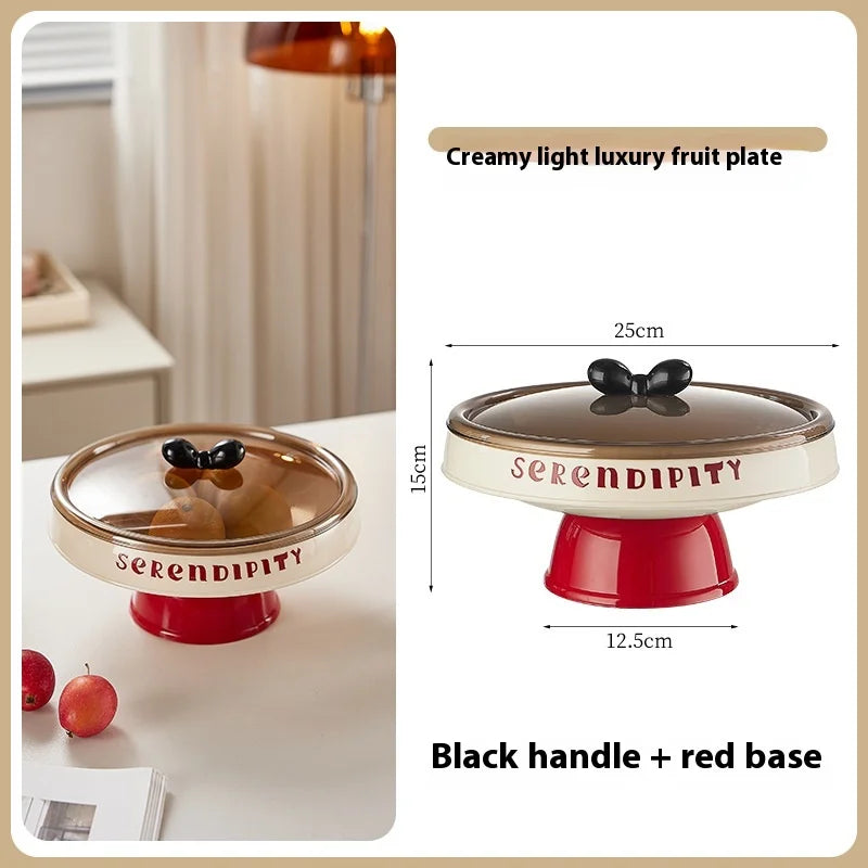 Elevated Fruit Bowl Home Stylish Plastic Snack Tray with Lid Dopamine Color Multi-functional Storage Holder Kitchen Organizer Peaceful Pleasures Health and Wellness O White Red Lid