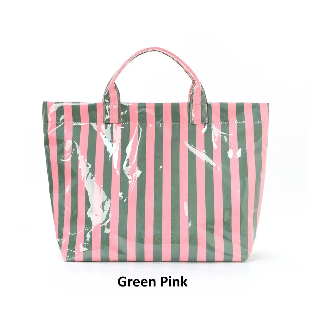Large Striped PVC Tote Bag – Waterproof Glossy Handbag PVC Tote Bag Peaceful Pleasures Health and Wellness Green Pink