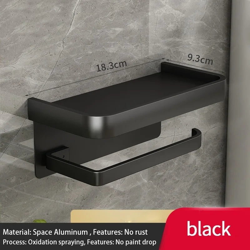 Wall-Mounted Aluminum Toilet Paper Holder with Phone Shelf Toilet Paper Holder Peaceful Pleasures Health and Wellness black tissue holder