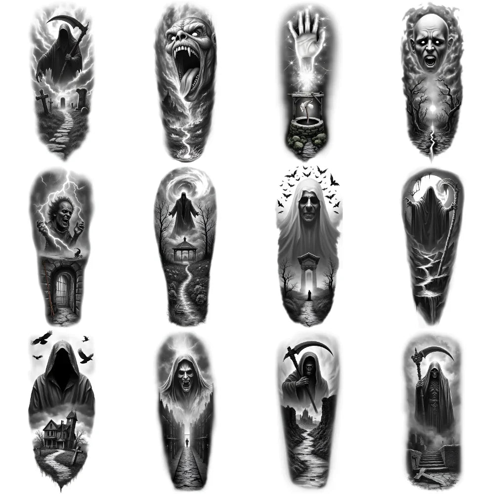 12pcs Halloween Temporary Tattoos – Grim Reaper, Vampire & Witch