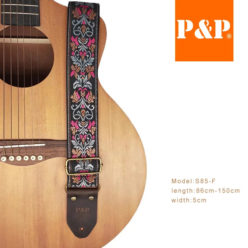 PP Guitar Strap S85 Series Ethnic Jacquard Embroidery Leather Brown