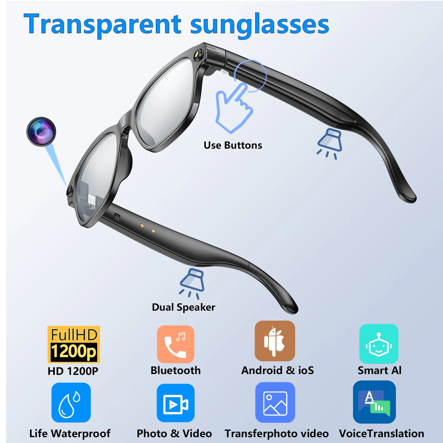 AI Smart Glasses Translator Visual 800W Camera Anti-Shake 1200P High Video Recording Bluetooth Voice Assistant Control AI Glasse Peaceful Pleasures Health and Wellness gradient lenses