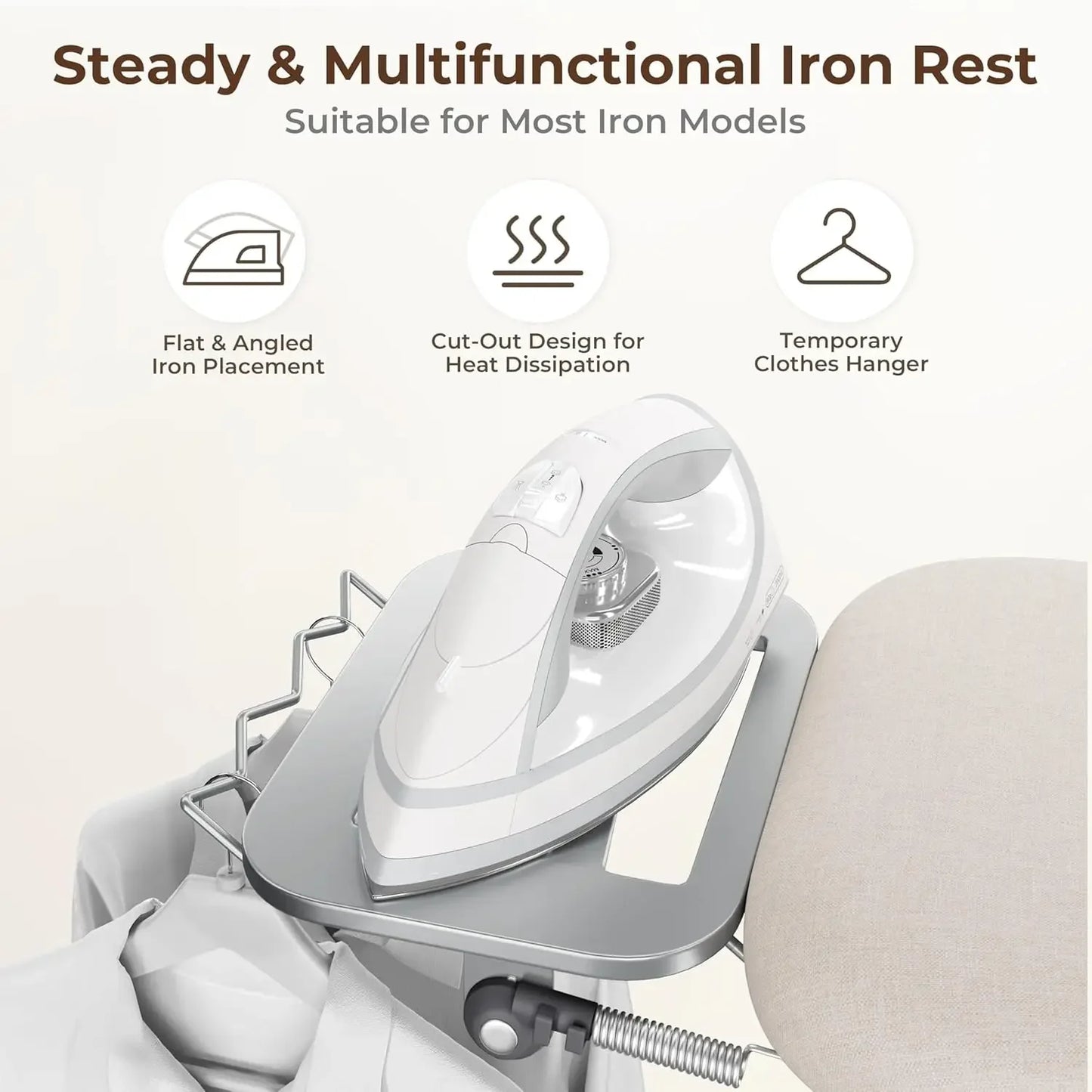 Compact Folding Ironing Board with Adjustable Height, Storage Tray & Steam Rest - Heavy Duty 52x14 Beige Peaceful Pleasures Health and Wellness