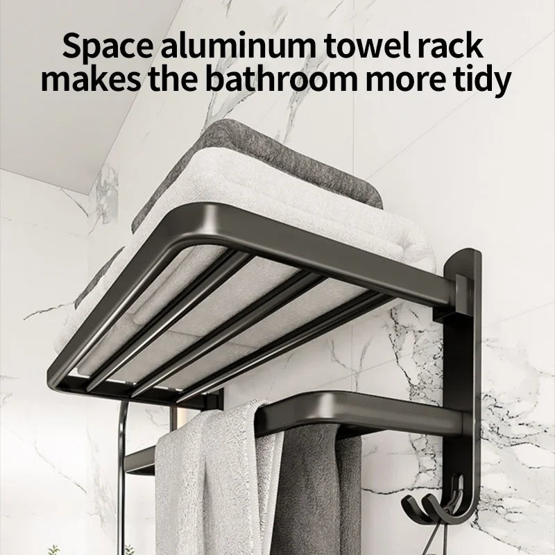 Foldable No-Drill Wall-Mounted Towel Rack – Black Metal Bar
