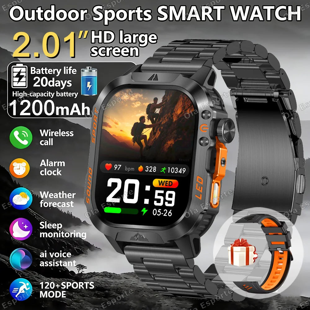 Military Outdoor Smartwatch Men | LED Flashlight, BT Calling