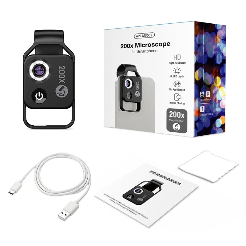 200X Microscope For Cell Phone Lens For Cell Phone Camera macro lens for mobile Cell Phone Accessories High Definition Microscop Peaceful Pleasures Health and Wellness Black with CPL