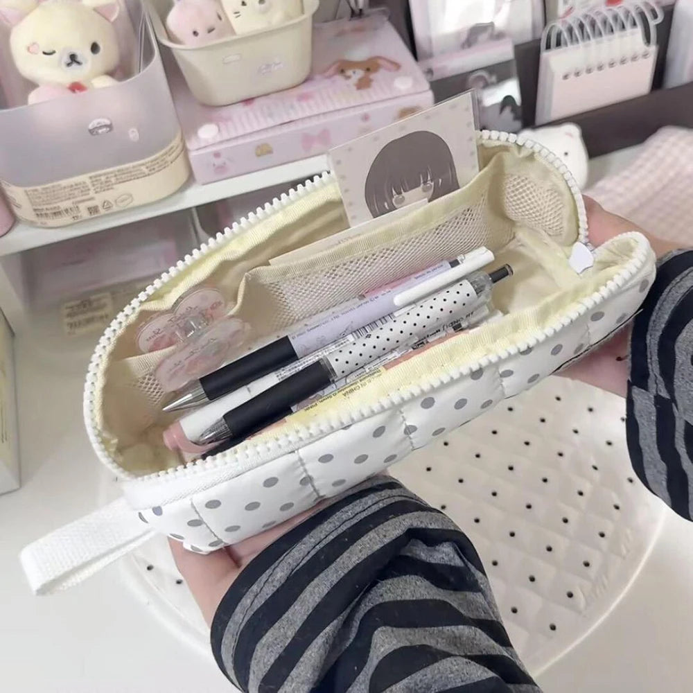 Korean White Polka Dot Pencil Case Ins Minimalist Student Portable