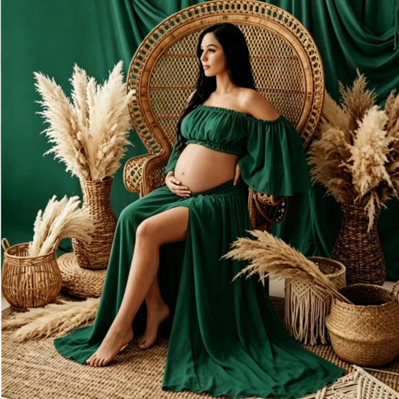 Two-Piece Maternity Photoshoot Dress, Off Shoulder Chiffon Crop Top + Flowing Maxi Skirt, Baby Shower Gown for Pregnant Women Peaceful Pleasures Health and Wellness 3XL dark green