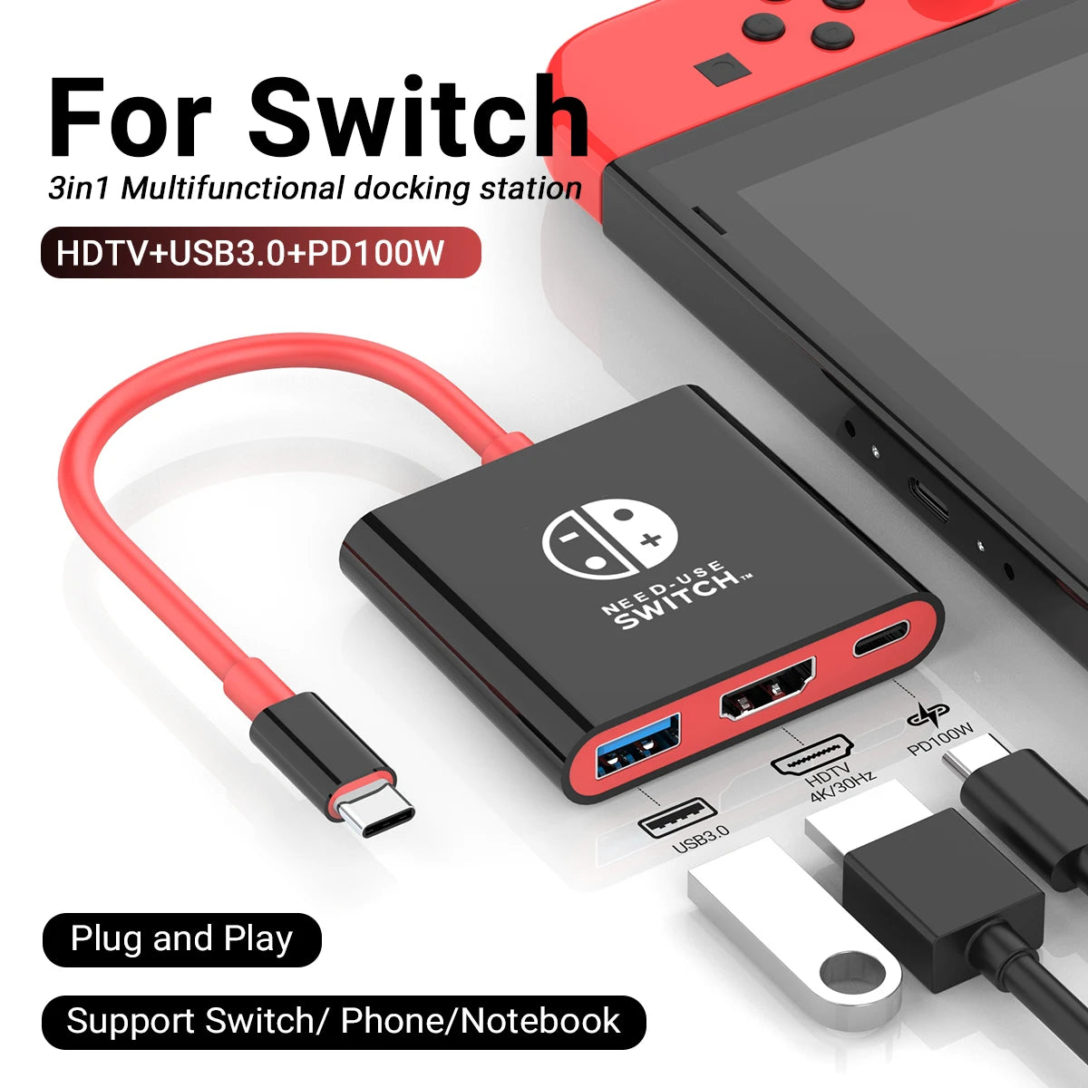 Portable Switch Docking Station USB-C Hub HDMI USB 3.0 Travel USB-C Docking Station Peaceful Pleasures Health and Wellness black and red