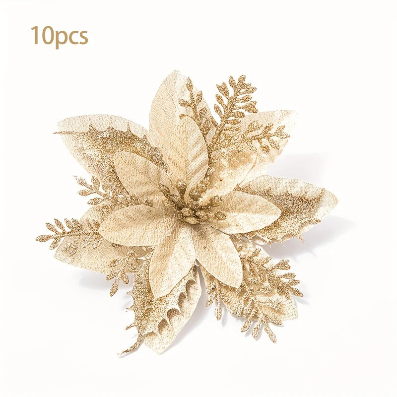 10pcs Christmas Gold Powder Christmas Flower Simulation Flower Christmas Decoration Flower Christmas Tree Decoration Peaceful Pleasures Health and Wellness Gold (10pcs)