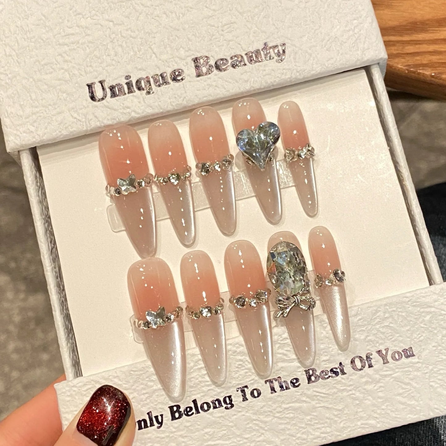 French Smile Cat Eyes Handmade Press on Nails Gradient Sparkling Diamond Decor Fake nails For Lady Bride Wearable False Nails Peaceful Pleasures Health and Wellness XS 1
