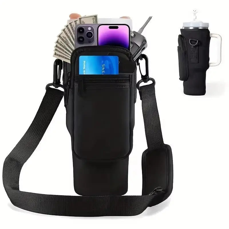 40oz Water Bottle Carrier Bag Pouch Cover for Thermos Water Bottle Holder Adjustable Shoulder Strap Mug Cover Peaceful Pleasures Health and Wellness black