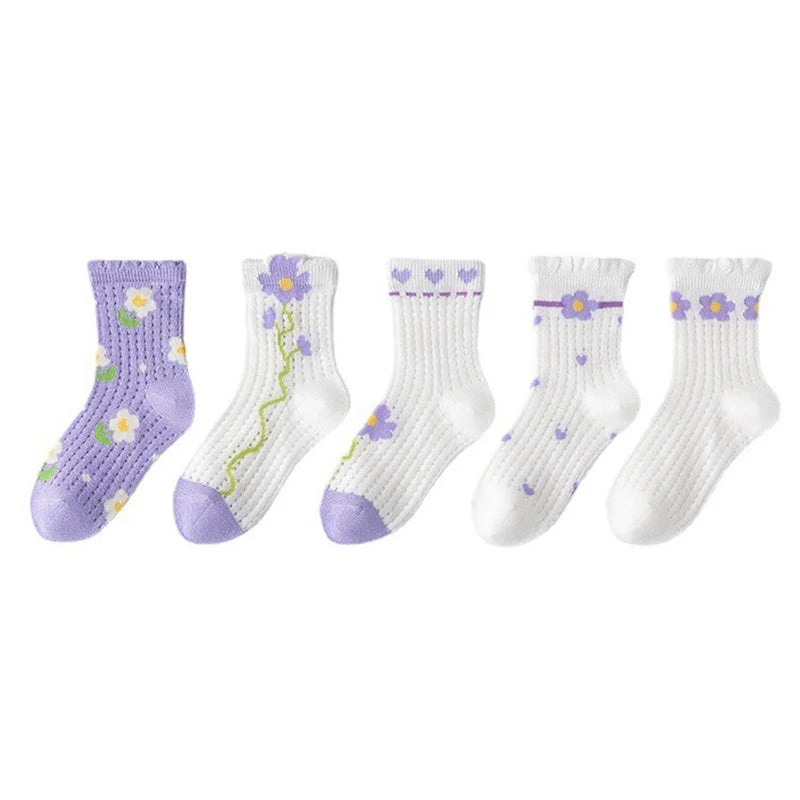 5-Pack Girls Soft Floral Cotton Mid-Tube Socks | Ages 1–12