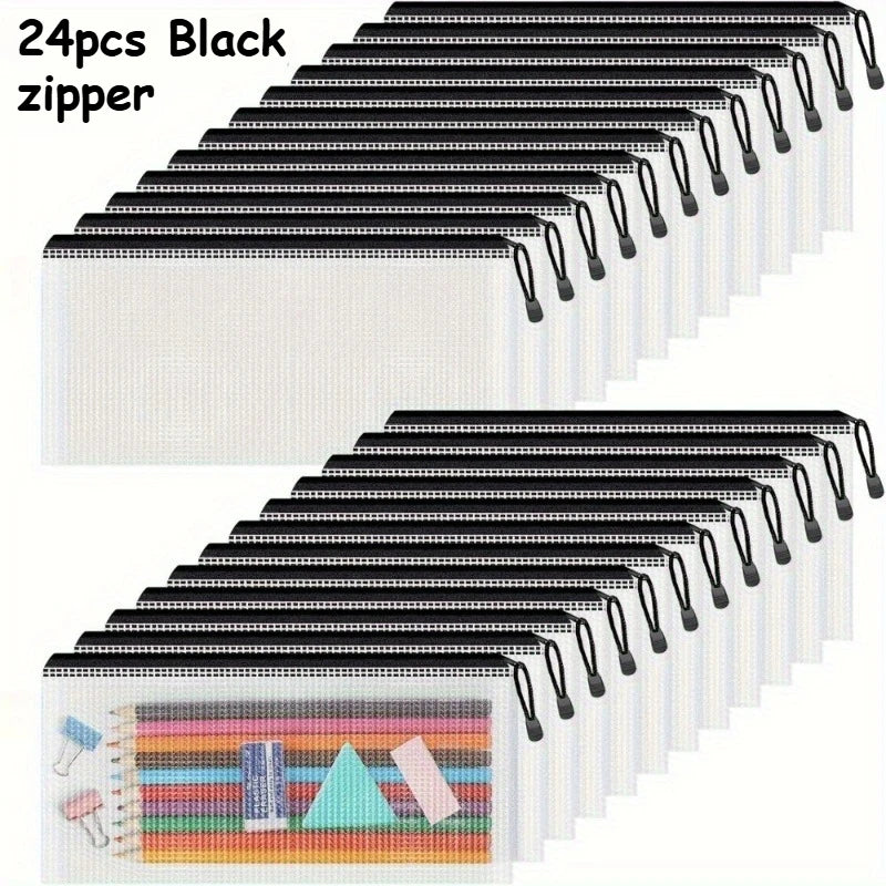 24-Pack Mesh Zipper Pencil Pouches – 12 Colors, Bulk Travel Set