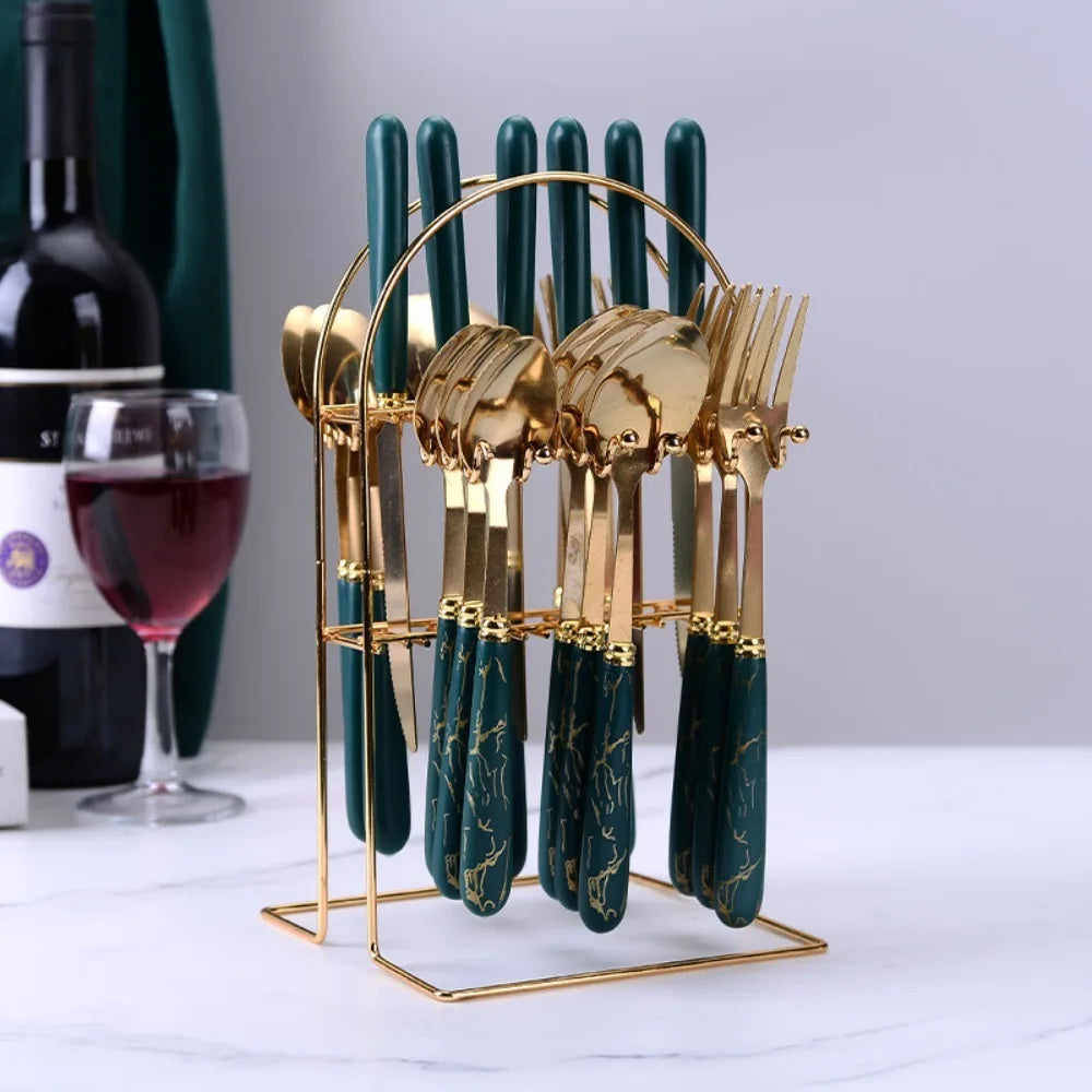 24-Piece Marbled Stainless Steel Cutlery Set with Storage Rack