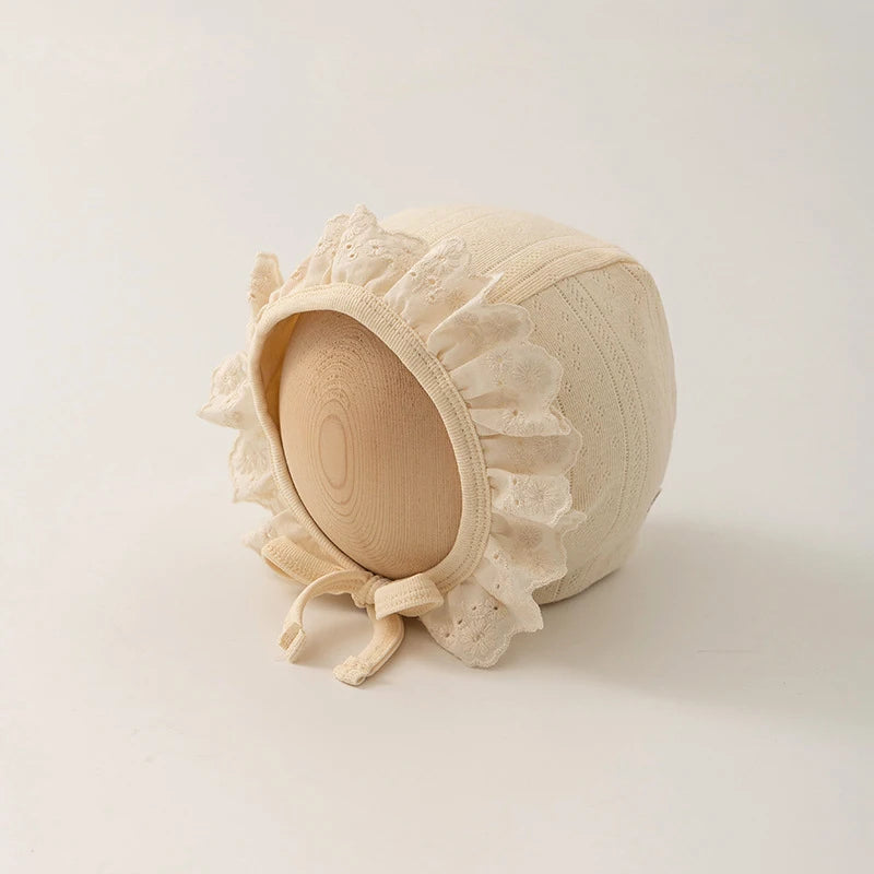 Baby Girl Lace Ruffle Bonnet Hat | Newborn Photo Prop Cap