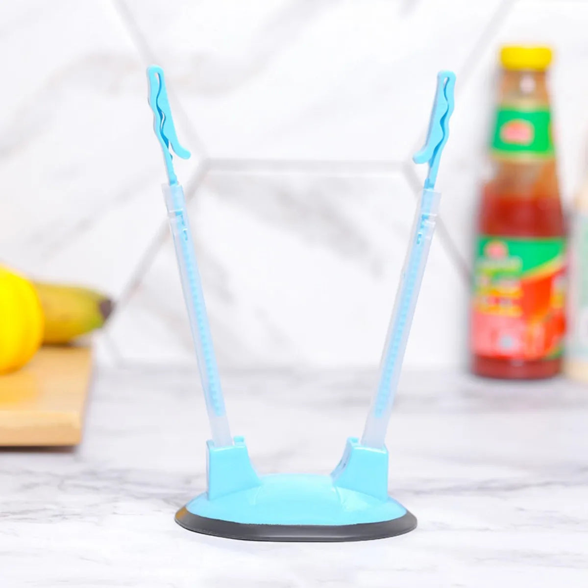 Household food storage bag holder, packaging bag opener, support stand Peaceful Pleasures Health and Wellness blue