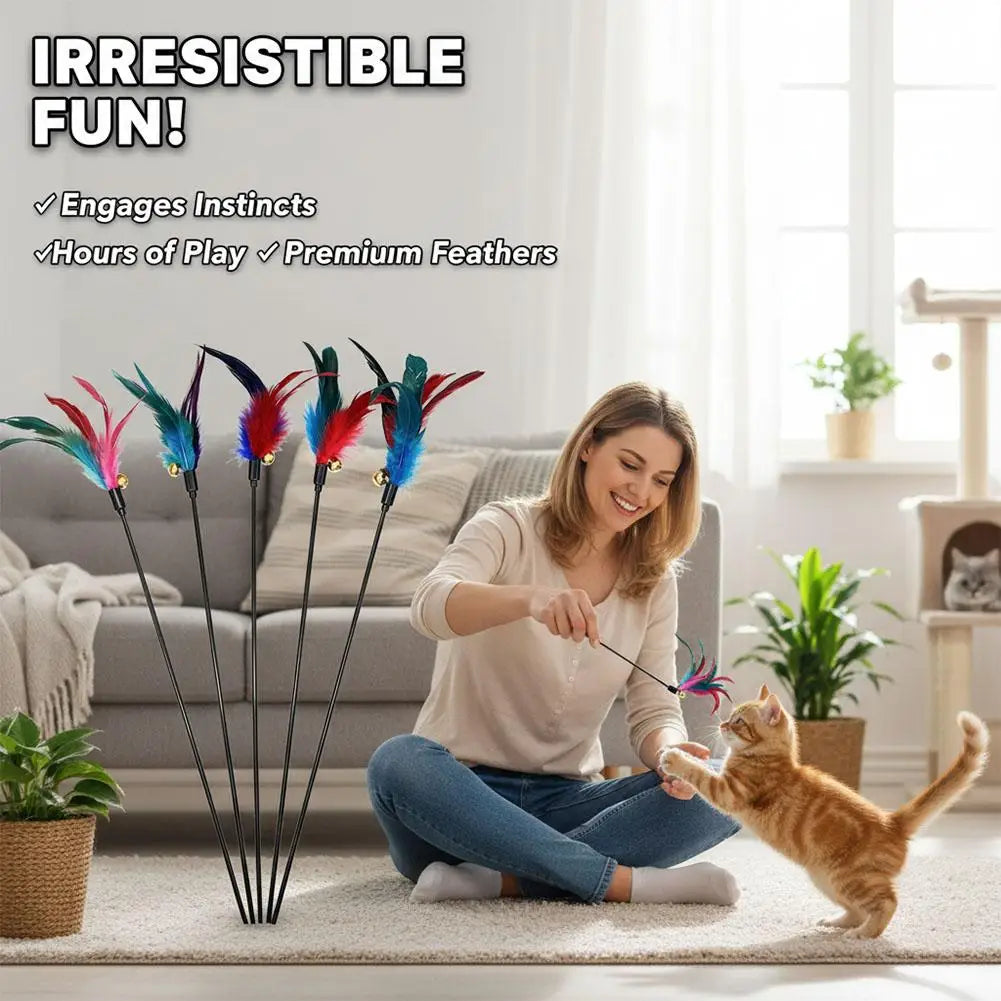 Cat Feather Wand Toy – Interactive Teaser for Indoor Cats (5-Pack)