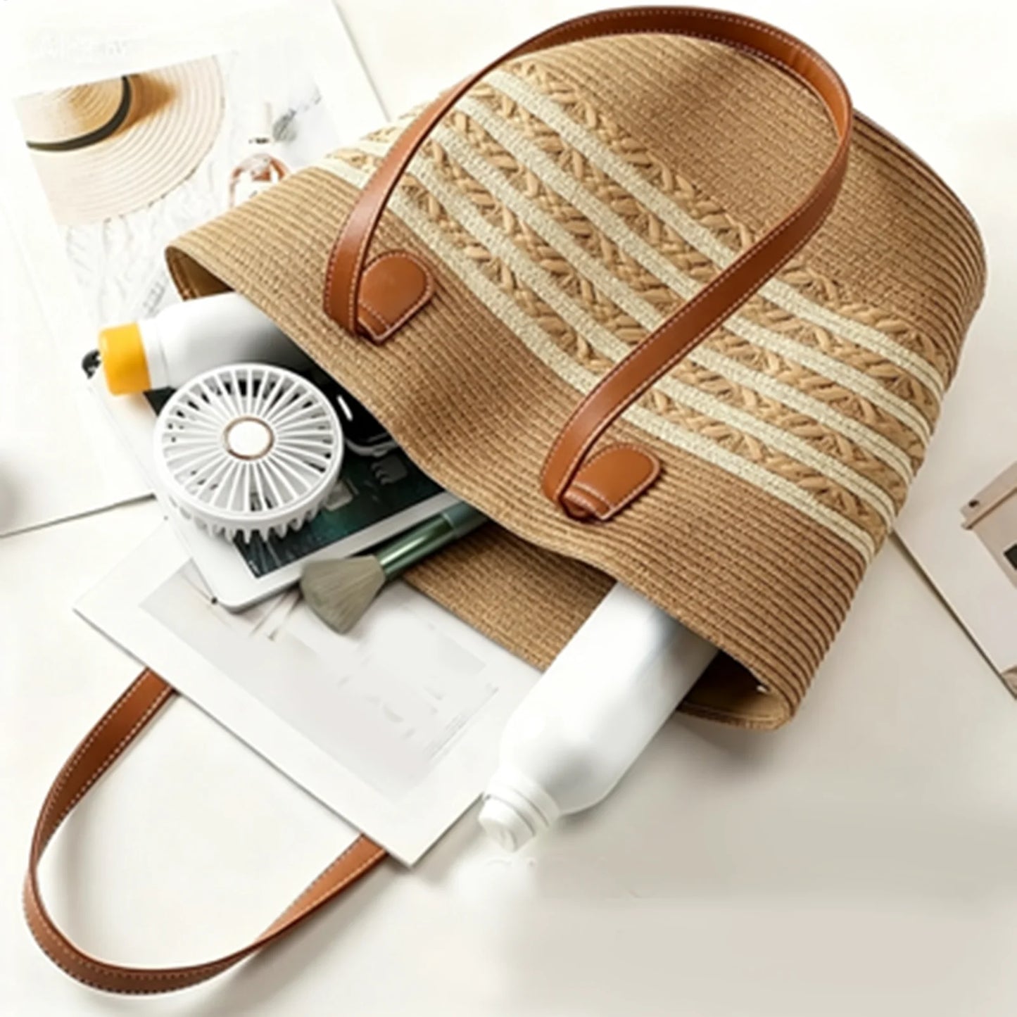 Large Boho Straw Tote Bag Smooth Zipper Shoulder Handbag For Travel Vacation Beach Shopping Office, Summer Bag for Women Peaceful Pleasures Health and Wellness