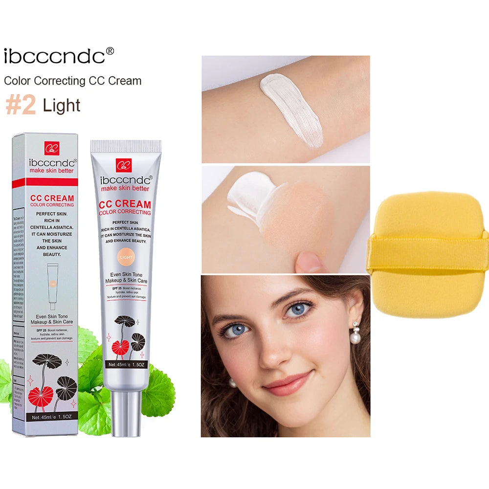 45ml Color Correcting CC Cream & Free Puff Centella Asiatica Repair BB Cream Concealer Whitening Liquid Foundation Cosmetics Peaceful Pleasures Health and Wellness light1pc Free Puff