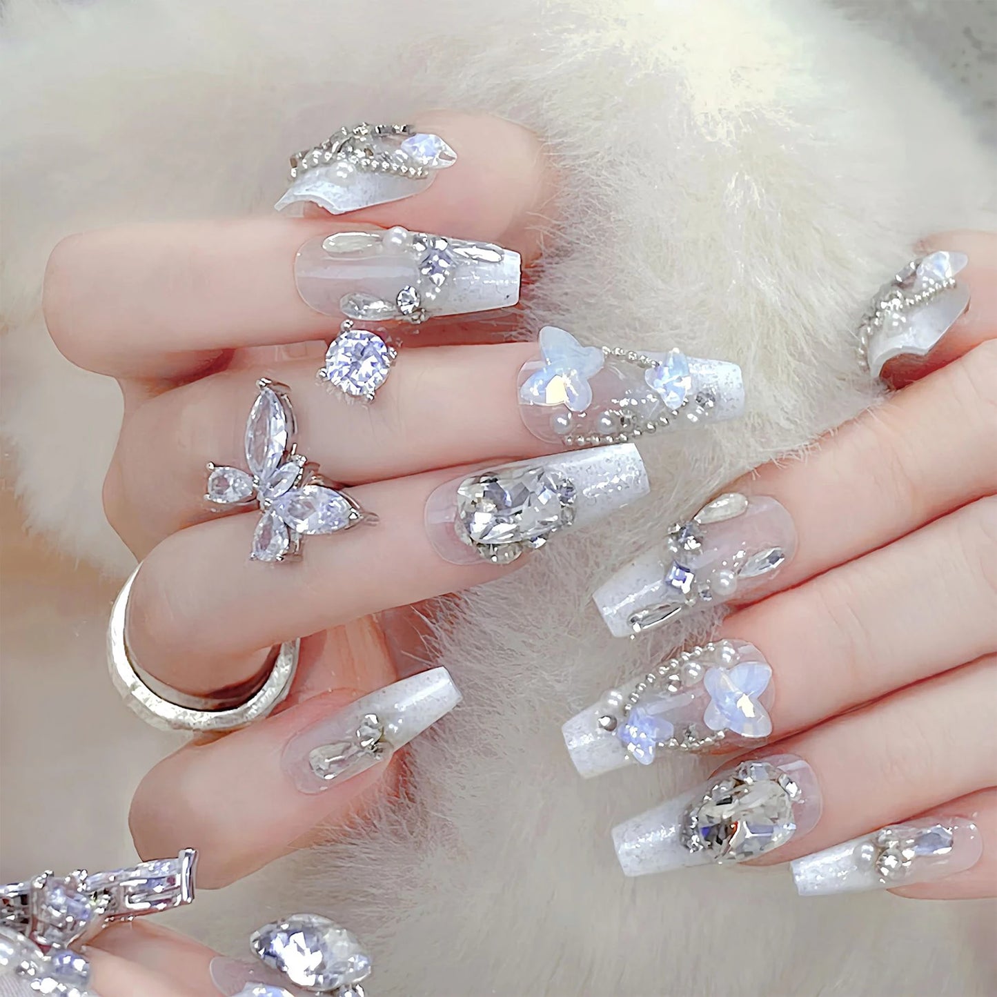 24pcs New Year Heavy Metal Press on Nails Chinese Bride Wedding Fake Nails Full Cover Wearable Shiny Large Crystal False Nails Peaceful Pleasures Health and Wellness style 12