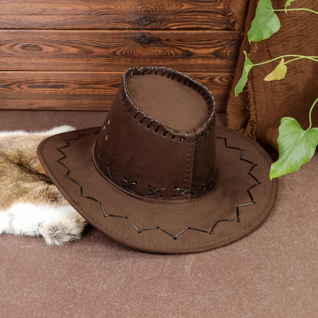 Brown Faux Suede Western Cowboy Hat Vintage X-stitch Wide Brim Unisex