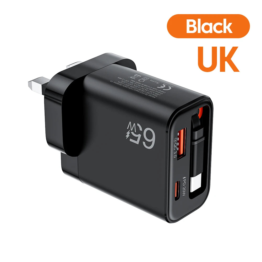 65W GaN Charger 3-Port PD QC3.0 Retractable USB-C Cable