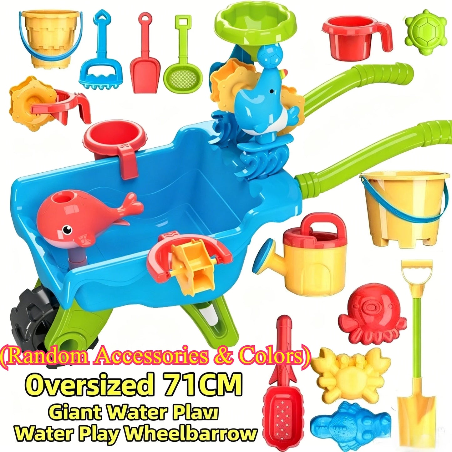 Kids Beach Sand Toy Set – Wheelbarrow, Water Wheel, Shovels & Molds