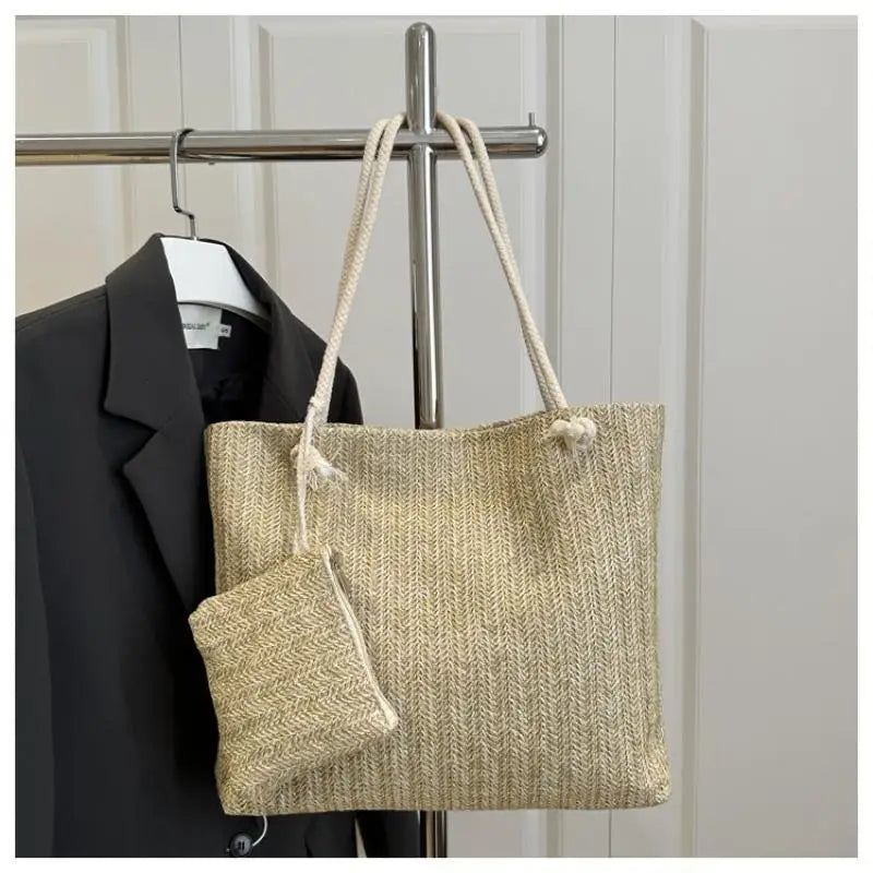 Women's Large Woven Straw Shoulder Tote Bag | Summer Fashion