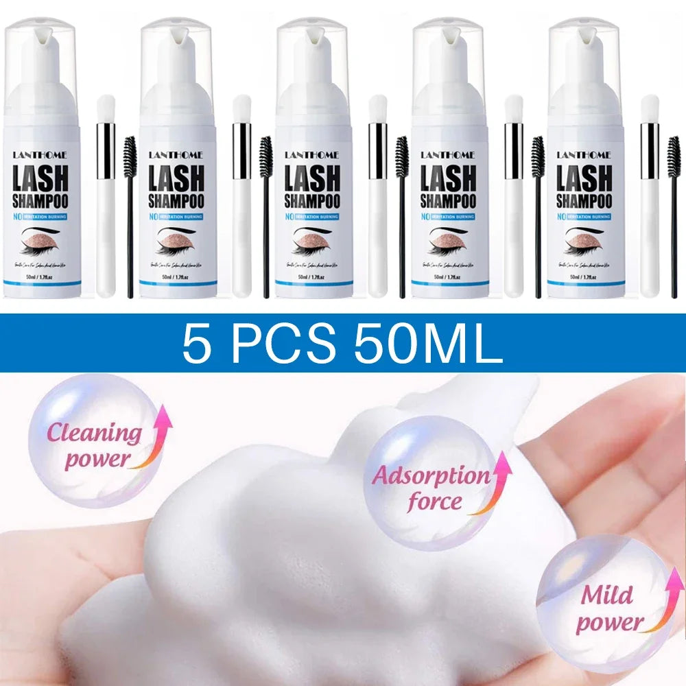 50ML Pro Eyelash Extension Shampoo Foam Kit Deep Cleaning Eyelid Lash Foaming Glue Remover For Makeup Remover Tools for Women Peaceful Pleasures Health and Wellness 5 pcs
