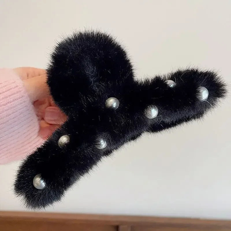 Sweet Hair Big Shark Clip Cute Pearl Plush Grab Clip At The Back of The Head Autumn and Winter Hair Accessories Hair Accessories Peaceful Pleasures Health and Wellness black 14cm