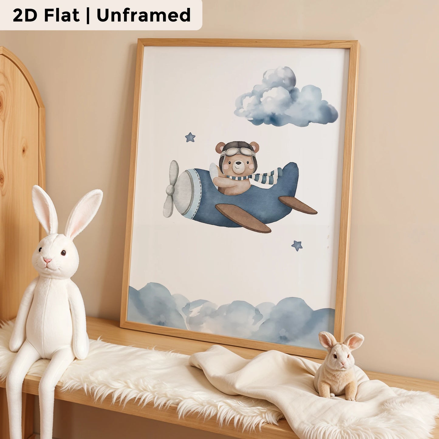3-Piece Cartoon Blue Bear Airplane Canvas Wall Art Print Set
