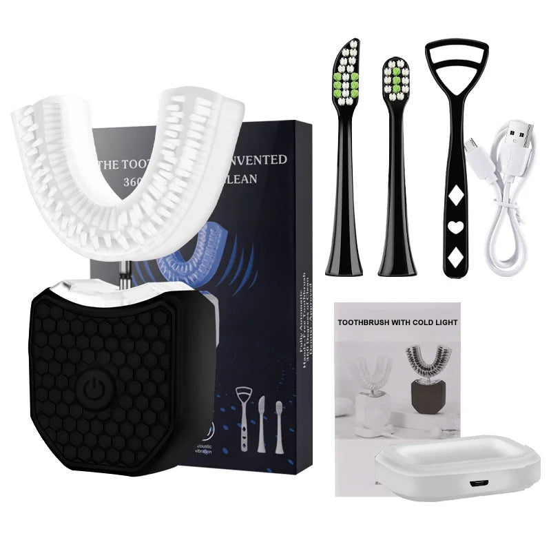 Teeth whitening lamp, U-shaped ultrasonic wireless electric toothbrush, 360° lazy adult silicone toothbrush set Peaceful Pleasures Health and Wellness black