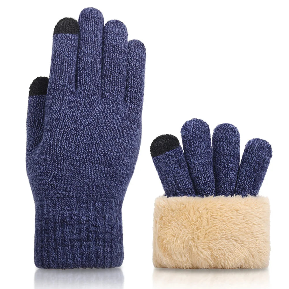 1pair Men Black Winter Double Layer Plus Velvet Thickened Knitted Gloves, Outdoor Touch Screen Warm Full Finger Gloves Peaceful Pleasures Health and Wellness Navy Blue One Size
