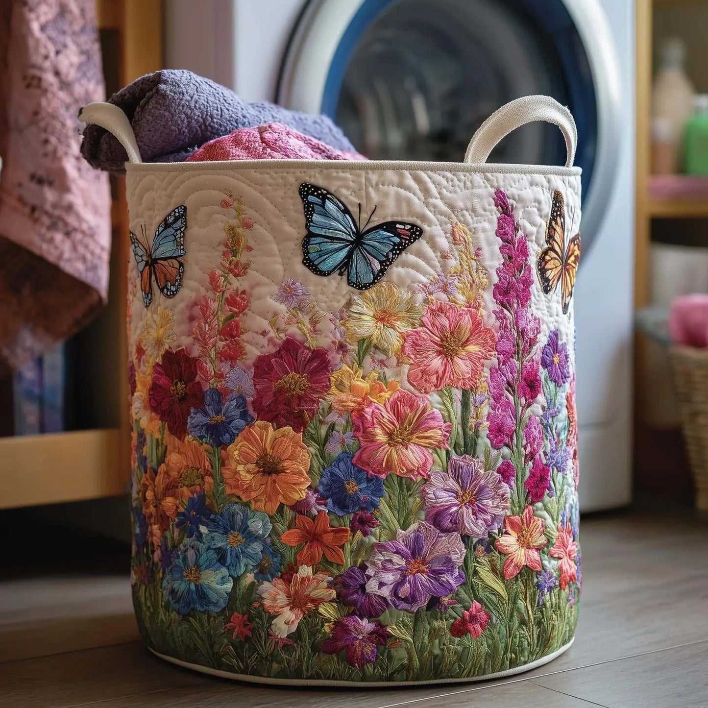 Vintage Floral Quilted Storage Basket with Handle | 18x14"