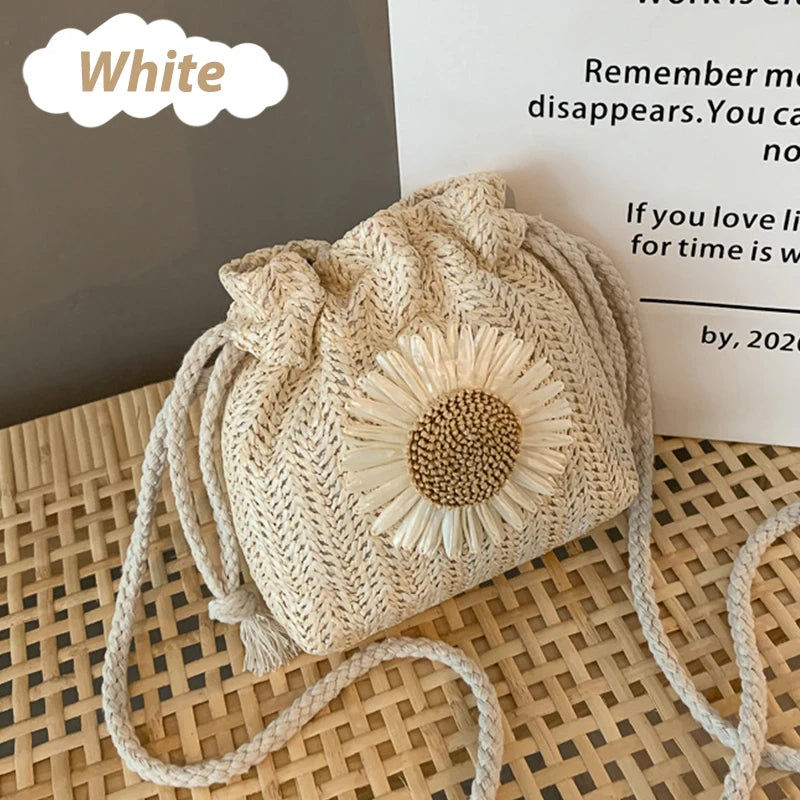 Rattan Straw Woven Crossbody Bucket Bag | Flower Shoulder Bag