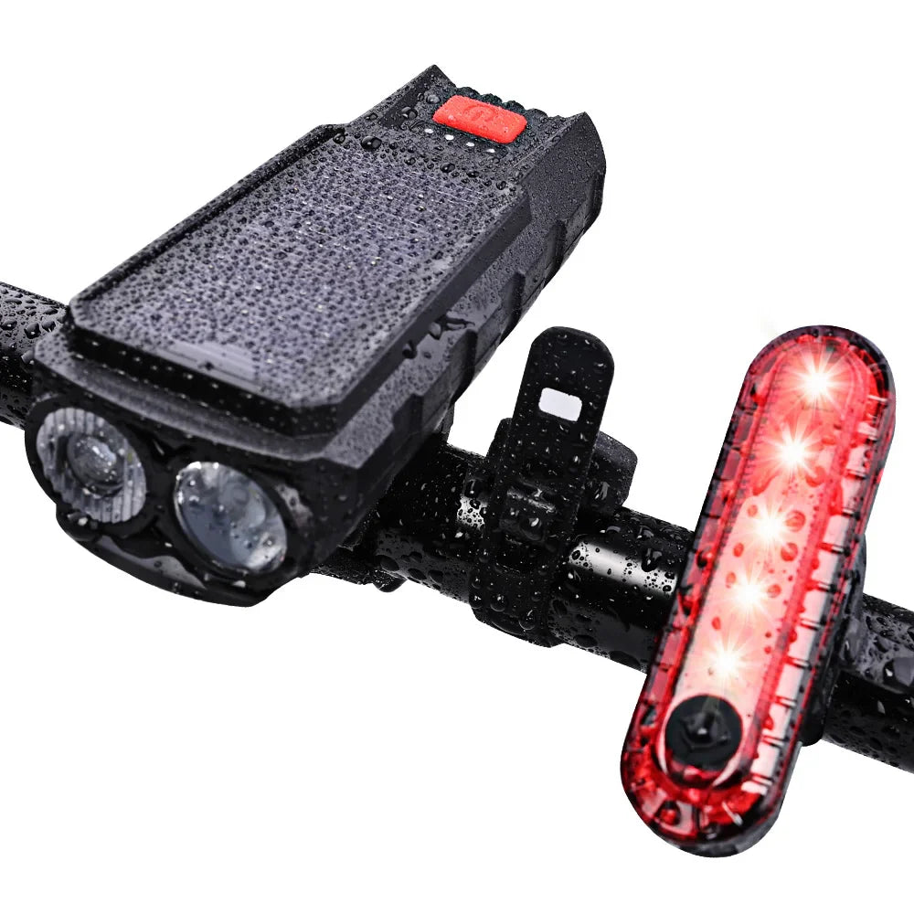 Solar Bike Front Light 300LM USB-C Rechargeable with 120dB Horn