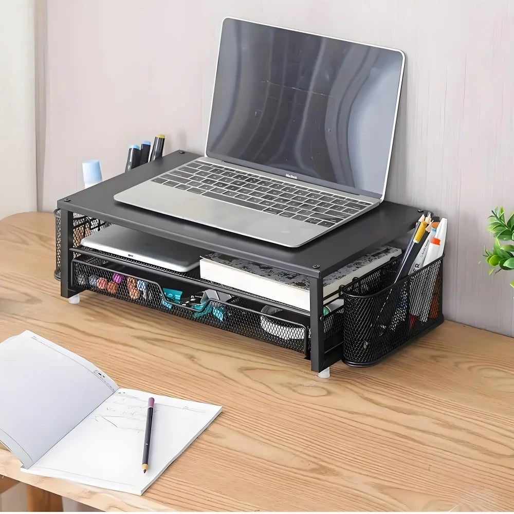 2-Tier Desk Organizers and Accessories, Pink & Black Computer Monitor Stand with Drawer, Pen Storage & Tablet Phone Holder Peaceful Pleasures Health and Wellness Black