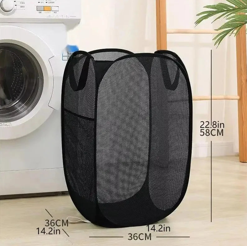 1pc Handy Laundry Mesh Popup Hamper, Foldable Lightweight Basket For Washing, Durable Clothing Storage Peaceful Pleasures Health and Wellness black B