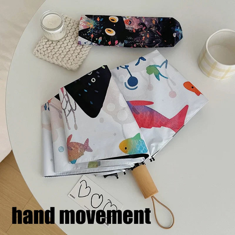 Cute Cat & Fish Folding Umbrella – UV & Rain Protection