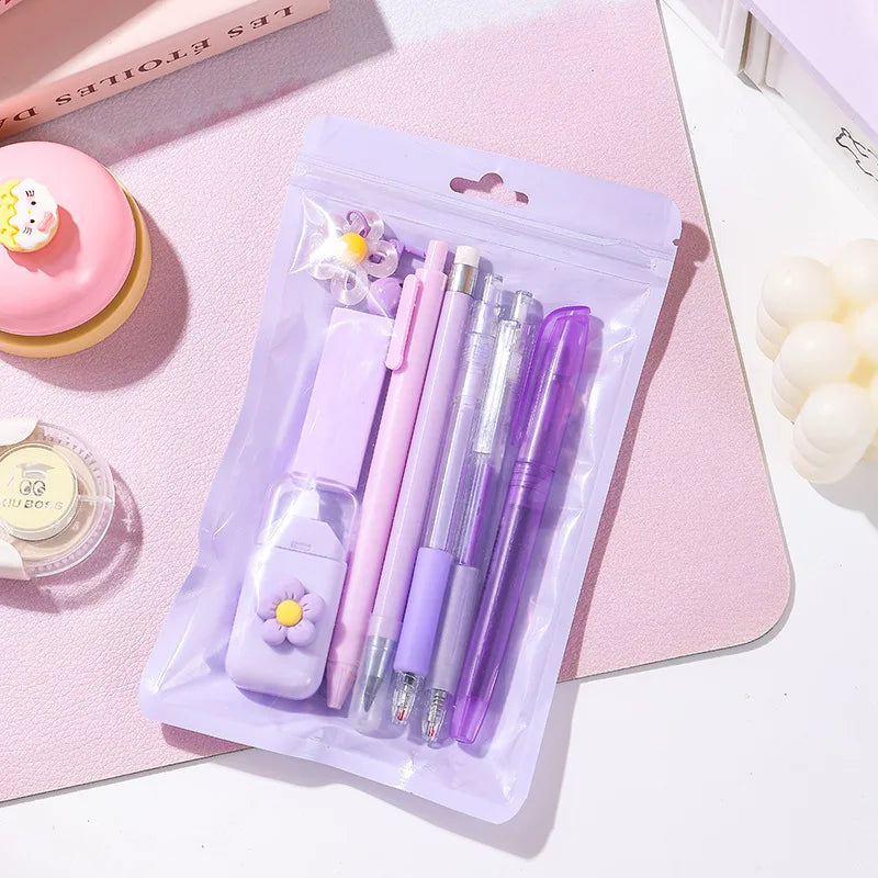 Macaron Color Stationery High Aesthetic Student School Opening Prize 8 in 1 Study Stationery Gift Set Cute Gift Boxes Stationery Peaceful Pleasures Health and Wellness purple