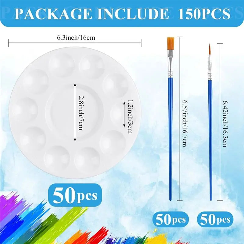 A36T-150Pcs Paint Brushes Palettes Set, Including 100Pcs Nylon Painting Brush And 50Pcs Round Plastic Paint Tray Palette Peaceful Pleasures Health and Wellness