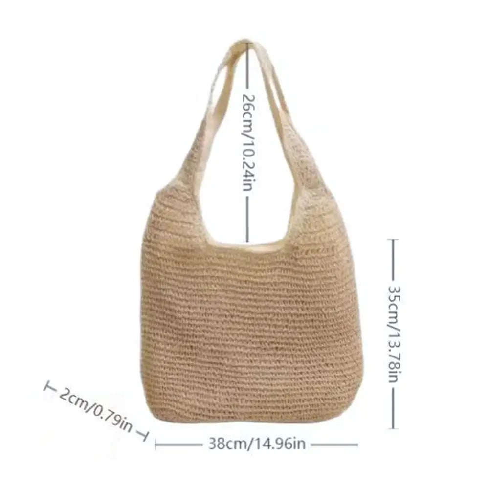 2025 New Style Woven Bag Women's Fashionable and Versatile Summer Beach Bag Large Capacity Woven Handbag Shoulder Bag Peaceful Pleasures Health and Wellness Apricot China Mainland
