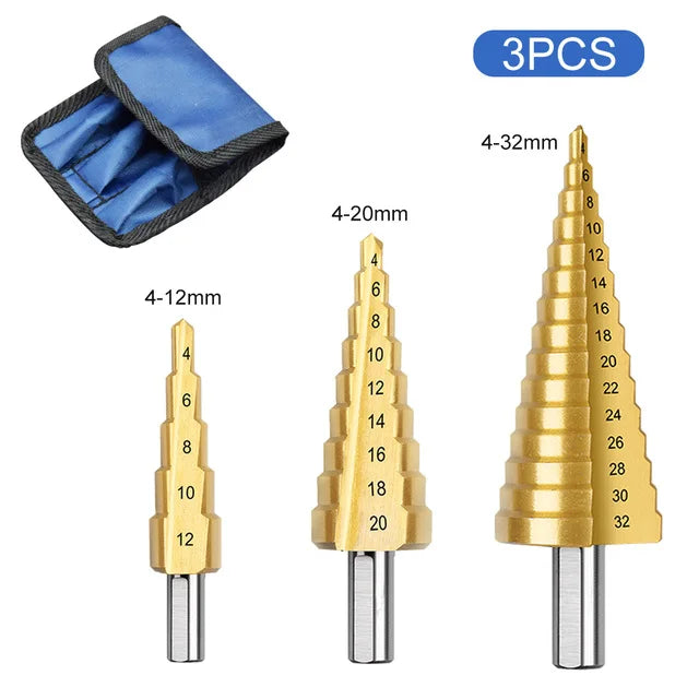 Straight Groove Step Drill Bit HSS Titanium Coated Wood Metal Hole Cutter Core Drilling Tools Set 4 Models 3-12 4-12 4-20 4-32 Peaceful Pleasures Health and Wellness 3pcs4-12 4-20 4-32 Hexagonal